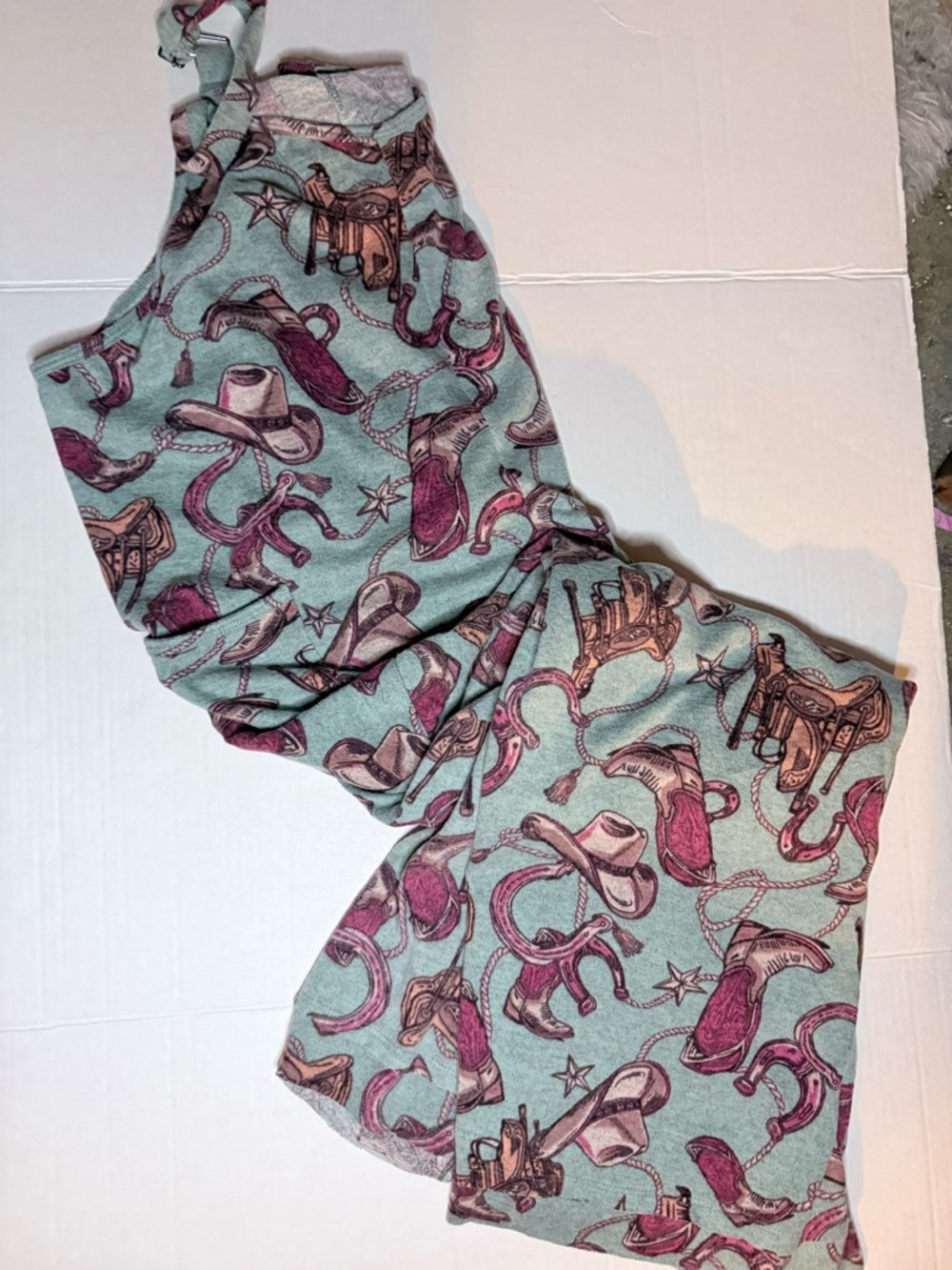 easel Western Print Romper in Mint Green and Plum - Picture 2 of 6